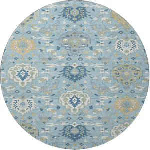 HomeRoots 8' Sky Blue Gold & Gray Damask Round Rug - Washable, UV Protected, Stain-Resistant for Family Homes 680574