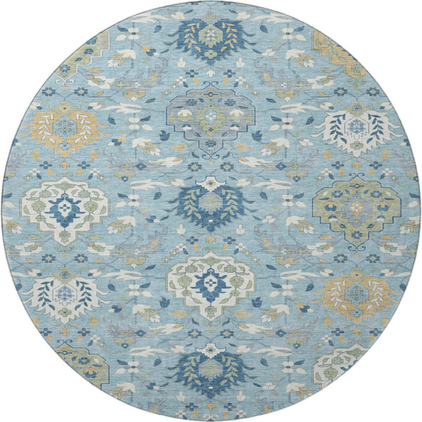 HomeRoots 8' Sky Blue Gold & Gray Damask Round Rug - Washable, UV Protected, Stain-Resistant for Family Homes 680574