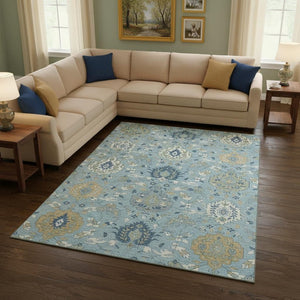 HomeRoots 8' X 10' Elegant Sky Blue Gold Gray Damask Area Rug – Washable, UV Protected & Stain Resistant Design 680575