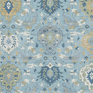 HomeRoots 8' X 10' Elegant Sky Blue Gold Gray Damask Area Rug – Washable, UV Protected & Stain Resistant Design 680575