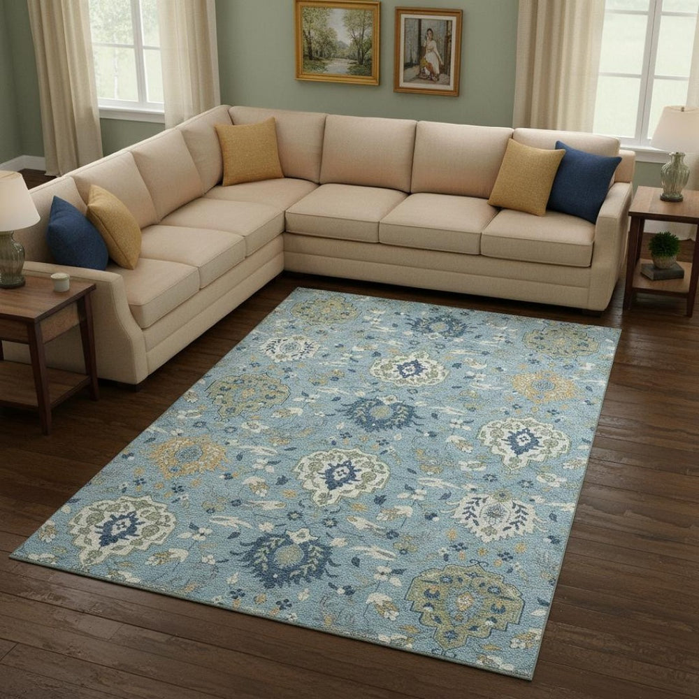 HomeRoots 9' Sky Blue Gold and Gray Damask Area Rug – Washable, UV Protected, Stain Resistant for High Traffic Areas 680576