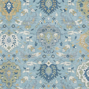HomeRoots 9' Sky Blue Gold and Gray Damask Area Rug – Washable, UV Protected, Stain Resistant for High Traffic Areas 680576