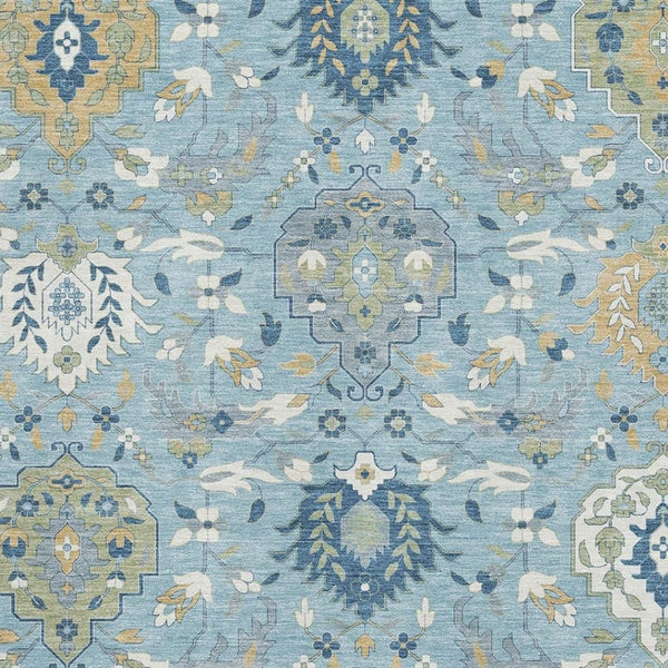 HomeRoots 9' Sky Blue Gold and Gray Damask Area Rug – Washable, UV Protected, Stain Resistant for High Traffic Areas 680576