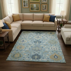 HomeRoots 10' X 14' Sky Blue Gold & Gray Damask Area Rug – Washable, UV Protected, Stylish & Durable Design 680577