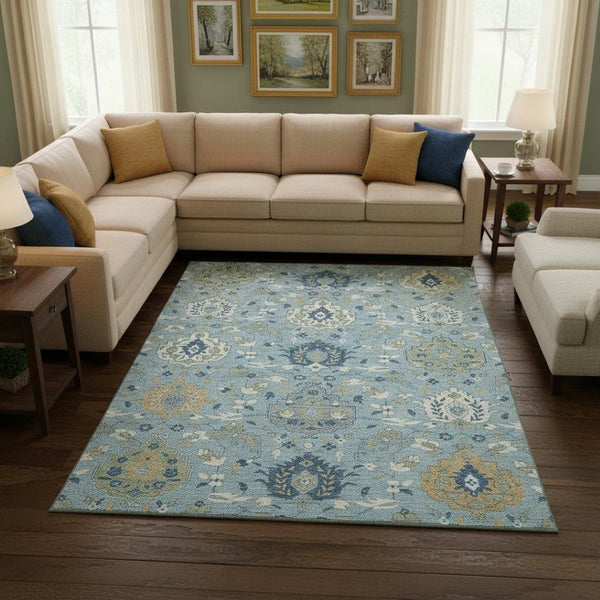 HomeRoots 10' X 14' Sky Blue Gold & Gray Damask Area Rug – Washable, UV Protected, Stylish & Durable Design 680577