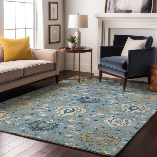 HomeRoots 10' X 14' Sky Blue Gold & Gray Damask Area Rug – Washable, UV Protected, Stylish & Durable Design 680577