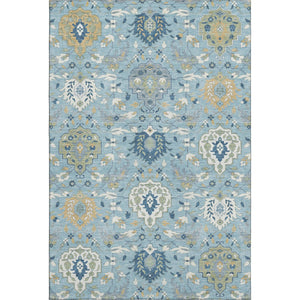HomeRoots 10' X 14' Sky Blue Gold & Gray Damask Area Rug – Washable, UV Protected, Stylish & Durable Design 680577