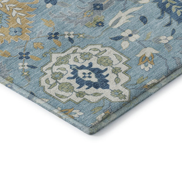 HomeRoots 10' X 14' Sky Blue Gold & Gray Damask Area Rug – Washable, UV Protected, Stylish & Durable Design 680577