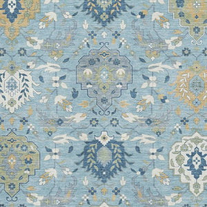 HomeRoots 10' X 14' Sky Blue Gold & Gray Damask Area Rug – Washable, UV Protected, Stylish & Durable Design 680577