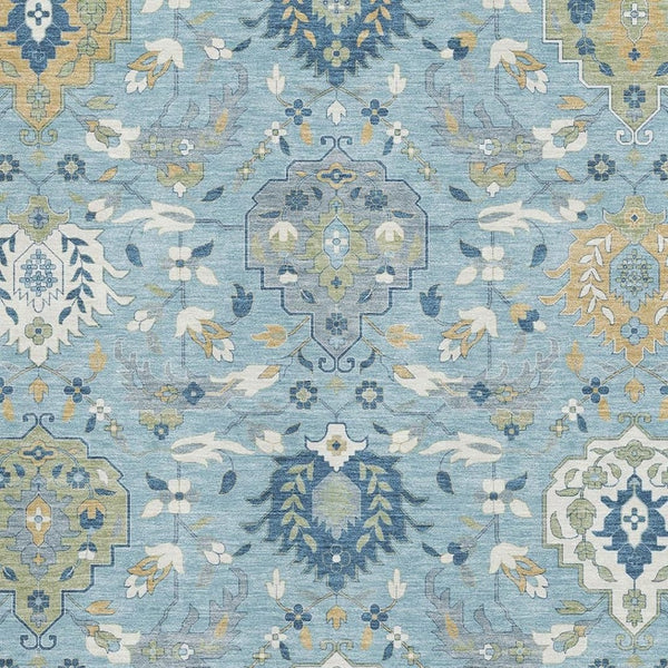 HomeRoots 10' X 14' Sky Blue Gold & Gray Damask Area Rug – Washable, UV Protected, Stylish & Durable Design 680577