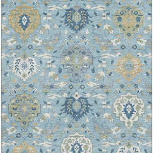 HomeRoots 10' X 14' Sky Blue Gold & Gray Damask Area Rug – Washable, UV Protected, Stylish & Durable Design 680577
