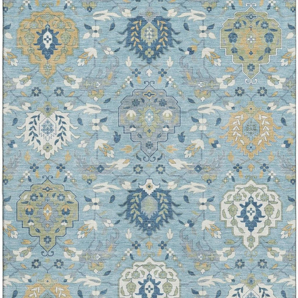 HomeRoots 10' X 14' Sky Blue Gold & Gray Damask Area Rug – Washable, UV Protected, Stylish & Durable Design 680577