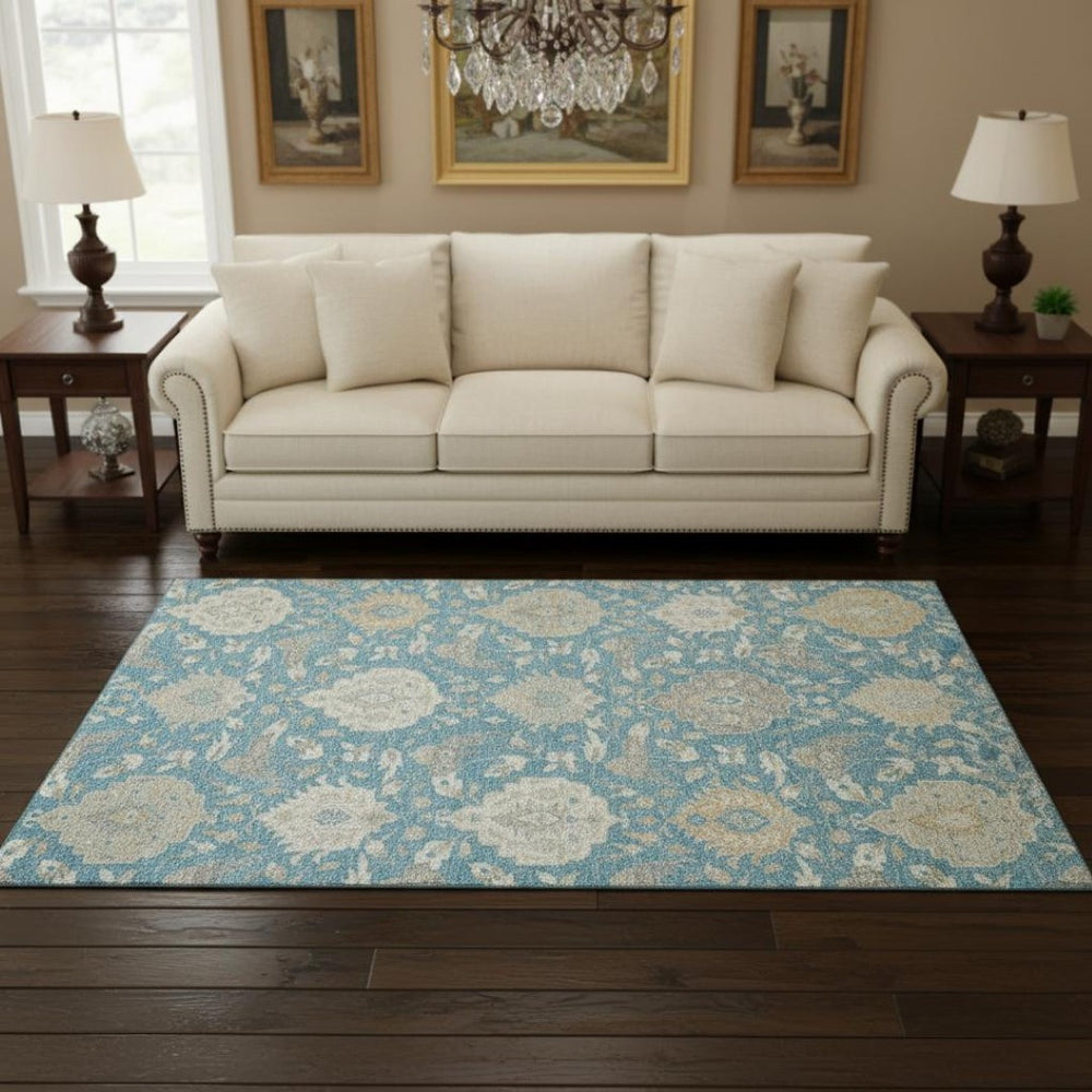 HomeRoots 5' X 8' Elegant Teal Gold Ivory Damask Area Rug - Washable, UV Protected for Busy Homes & Style 680579