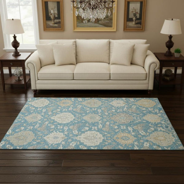 HomeRoots 5' X 8' Elegant Teal Gold Ivory Damask Area Rug - Washable, UV Protected for Busy Homes & Style 680579