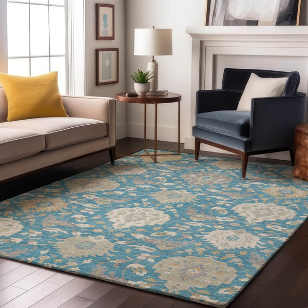 HomeRoots 5' X 8' Elegant Teal Gold Ivory Damask Area Rug - Washable, UV Protected for Busy Homes & Style 680579
