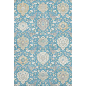 HomeRoots 5' X 8' Elegant Teal Gold Ivory Damask Area Rug - Washable, UV Protected for Busy Homes & Style 680579