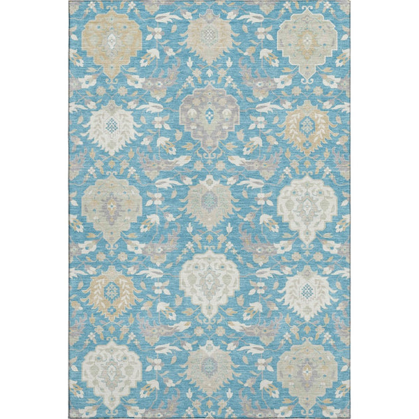 HomeRoots 5' X 8' Elegant Teal Gold Ivory Damask Area Rug - Washable, UV Protected for Busy Homes & Style 680579