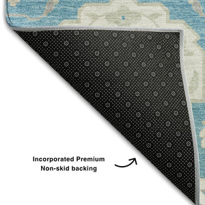 HomeRoots 5' X 8' Elegant Teal Gold Ivory Damask Area Rug - Washable, UV Protected for Busy Homes & Style 680579