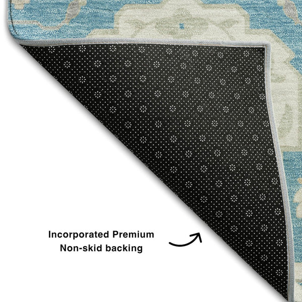 HomeRoots 5' X 8' Elegant Teal Gold Ivory Damask Area Rug - Washable, UV Protected for Busy Homes & Style 680579