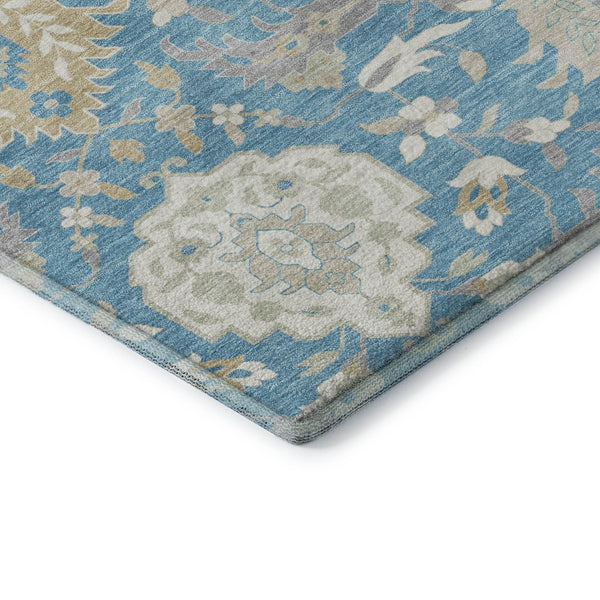 HomeRoots 5' X 8' Elegant Teal Gold Ivory Damask Area Rug - Washable, UV Protected for Busy Homes & Style 680579