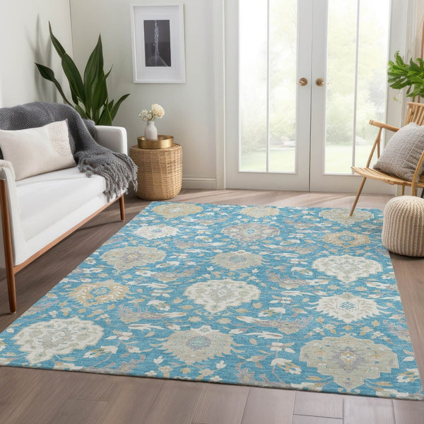 HomeRoots 5' X 8' Elegant Teal Gold Ivory Damask Area Rug - Washable, UV Protected for Busy Homes & Style 680579