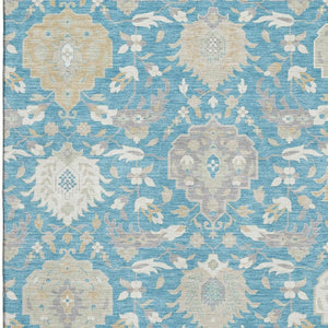 HomeRoots 5' X 8' Elegant Teal Gold Ivory Damask Area Rug - Washable, UV Protected for Busy Homes & Style 680579