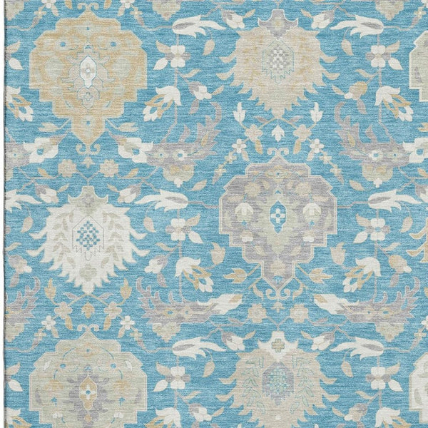 HomeRoots 5' X 8' Elegant Teal Gold Ivory Damask Area Rug - Washable, UV Protected for Busy Homes & Style 680579