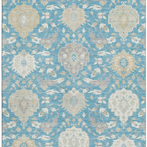 HomeRoots 5' X 8' Elegant Teal Gold Ivory Damask Area Rug - Washable, UV Protected for Busy Homes & Style 680579