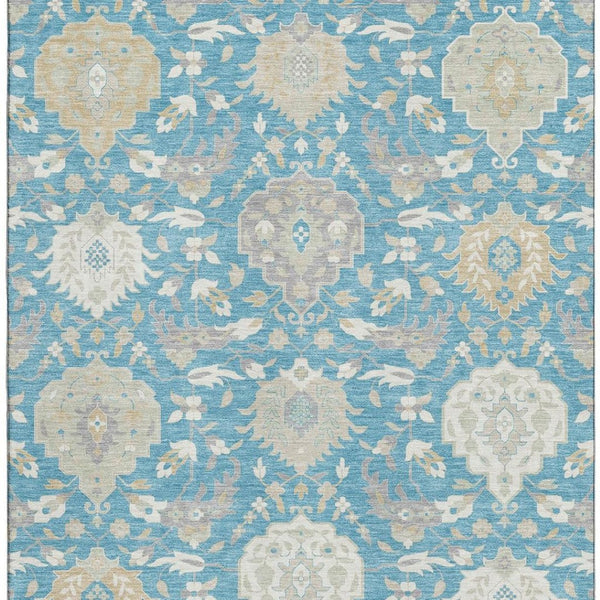 HomeRoots 5' X 8' Elegant Teal Gold Ivory Damask Area Rug - Washable, UV Protected for Busy Homes & Style 680579