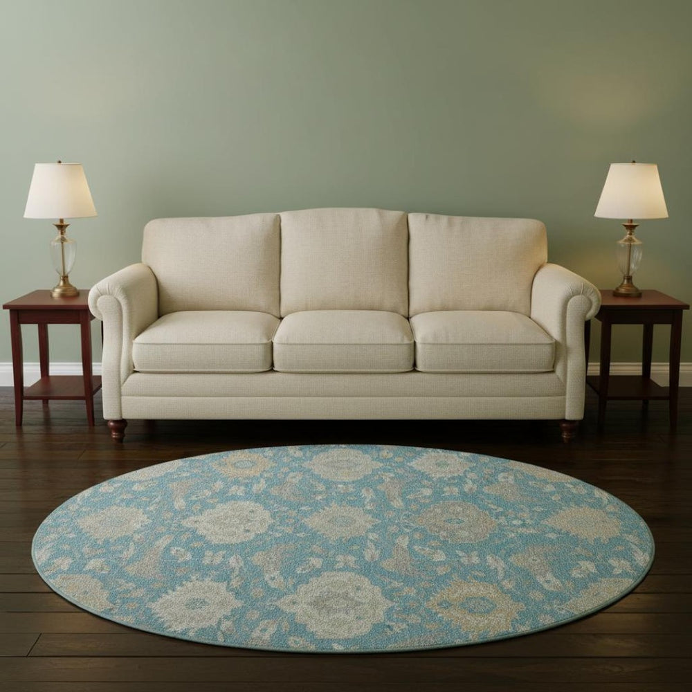 HomeRoots 8' Teal Gold And Ivory Damask Washable Round Rug - Stain Resistant, UV Protected, Stylish & Durable 680580