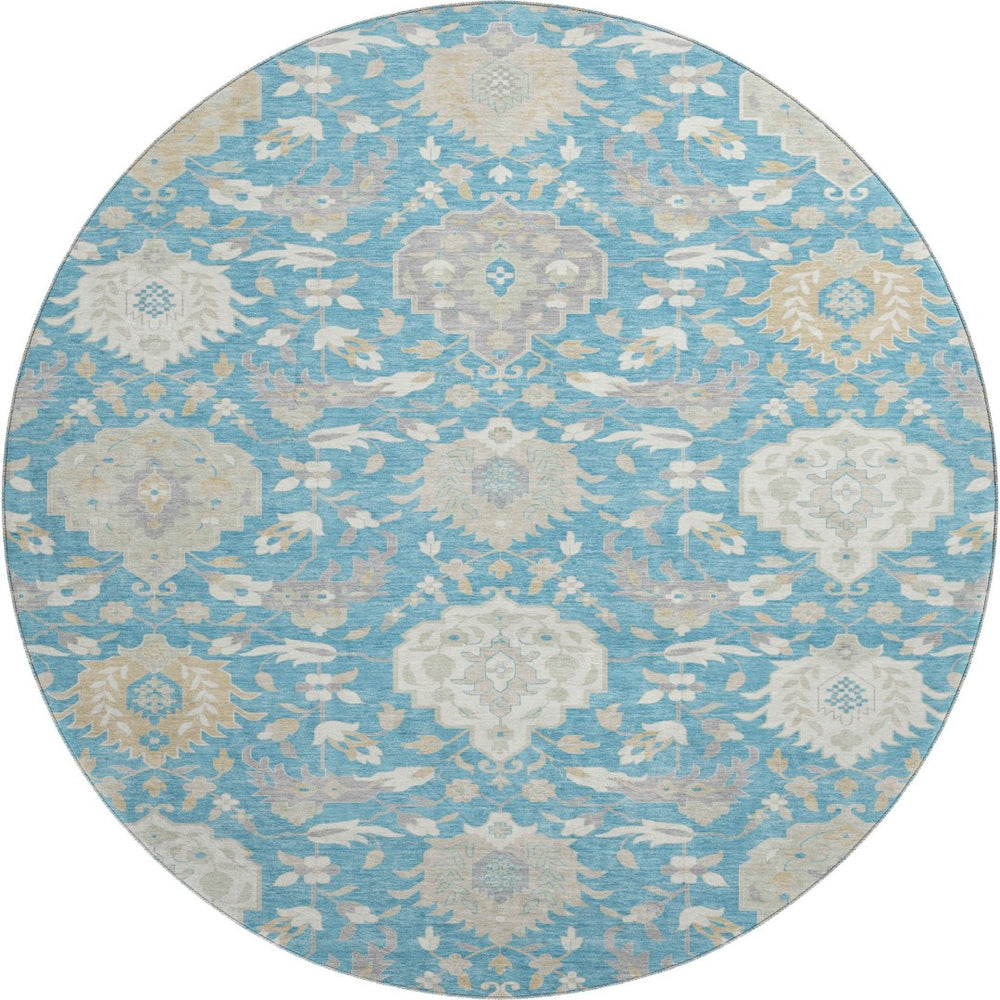 HomeRoots 8' Teal Gold And Ivory Damask Washable Round Rug - Stain Resistant, UV Protected, Stylish & Durable 680580