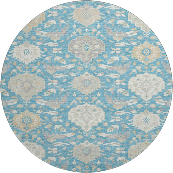 HomeRoots 8' Teal Gold And Ivory Damask Washable Round Rug - Stain Resistant, UV Protected, Stylish & Durable 680580