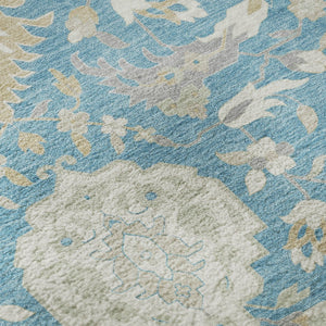 HomeRoots 8' Teal Gold And Ivory Damask Washable Round Rug - Stain Resistant, UV Protected, Stylish & Durable 680580