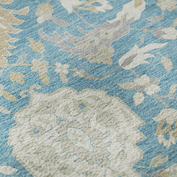 HomeRoots 8' Teal Gold And Ivory Damask Washable Round Rug - Stain Resistant, UV Protected, Stylish & Durable 680580