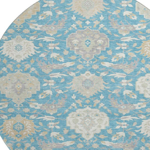 HomeRoots 8' Teal Gold And Ivory Damask Washable Round Rug - Stain Resistant, UV Protected, Stylish & Durable 680580
