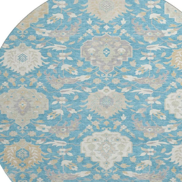 HomeRoots 8' Teal Gold And Ivory Damask Washable Round Rug - Stain Resistant, UV Protected, Stylish & Durable 680580