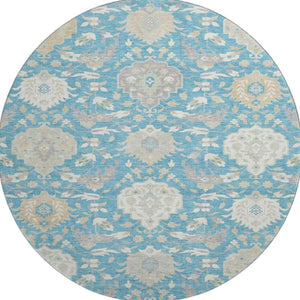 HomeRoots 8' Teal Gold And Ivory Damask Washable Round Rug - Stain Resistant, UV Protected, Stylish & Durable 680580