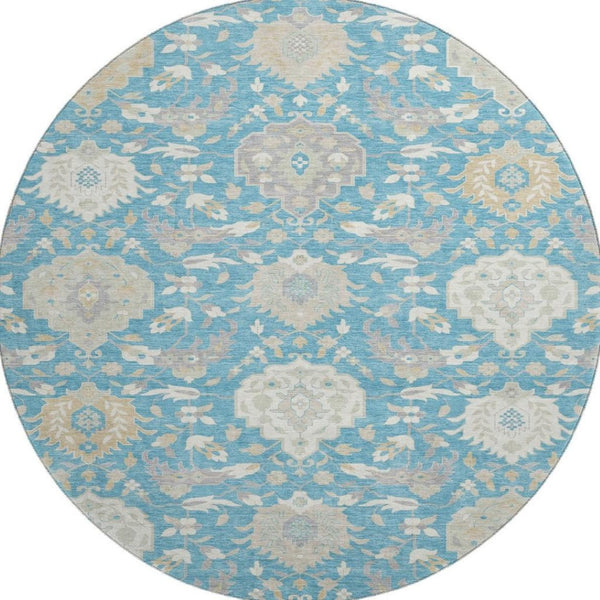 HomeRoots 8' Teal Gold And Ivory Damask Washable Round Rug - Stain Resistant, UV Protected, Stylish & Durable 680580