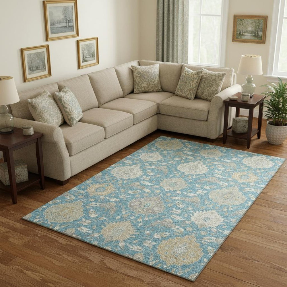 HomeRoots 8' X 10' Teal Gold Ivory Damask Washable Area Rug - Durable, Stylish, UV Protected for High-Traffic Homes 680581