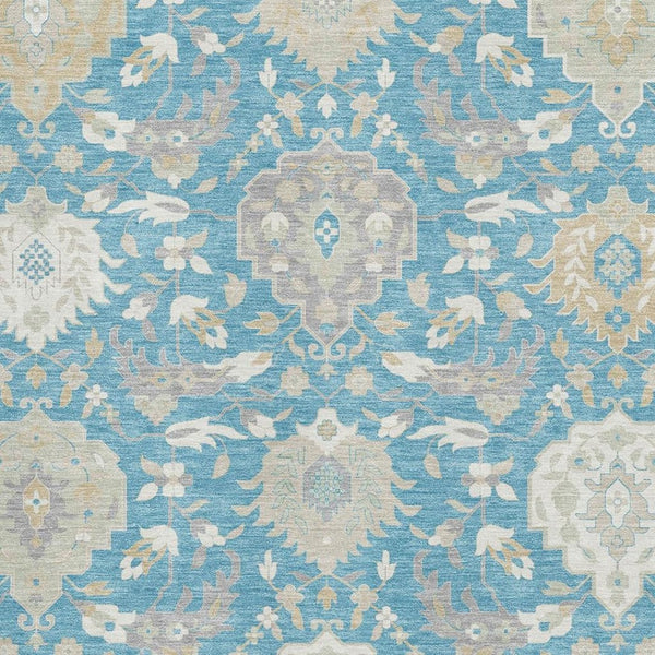HomeRoots 8' X 10' Teal Gold Ivory Damask Washable Area Rug - Durable, Stylish, UV Protected for High-Traffic Homes 680581