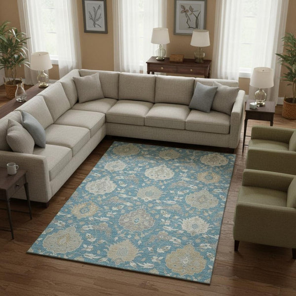 HomeRoots 9' X 12' Teal Gold Ivory Damask Area Rug - Washable, UV Protected, Stain Resistant for Busy Homes 680582