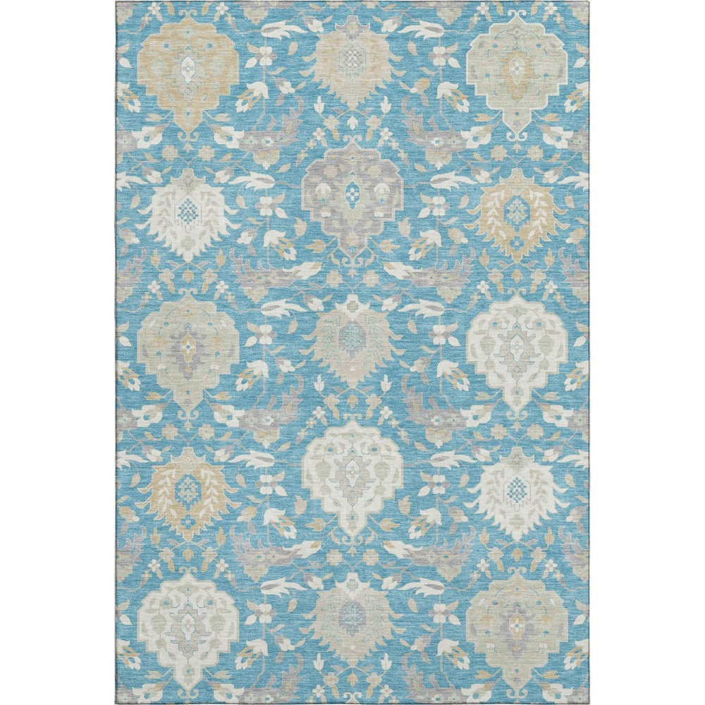 HomeRoots 9' X 12' Teal Gold Ivory Damask Area Rug - Washable, UV Protected, Stain Resistant for Busy Homes 680582
