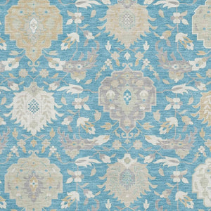 HomeRoots 9' X 12' Teal Gold Ivory Damask Area Rug - Washable, UV Protected, Stain Resistant for Busy Homes 680582