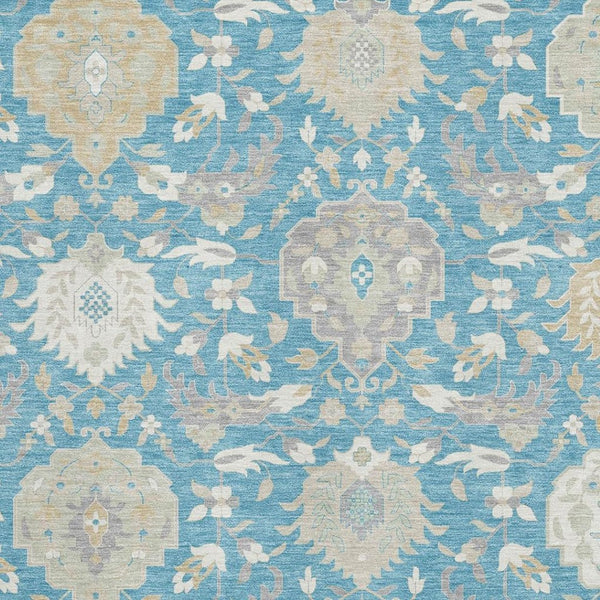 HomeRoots 9' X 12' Teal Gold Ivory Damask Area Rug - Washable, UV Protected, Stain Resistant for Busy Homes 680582