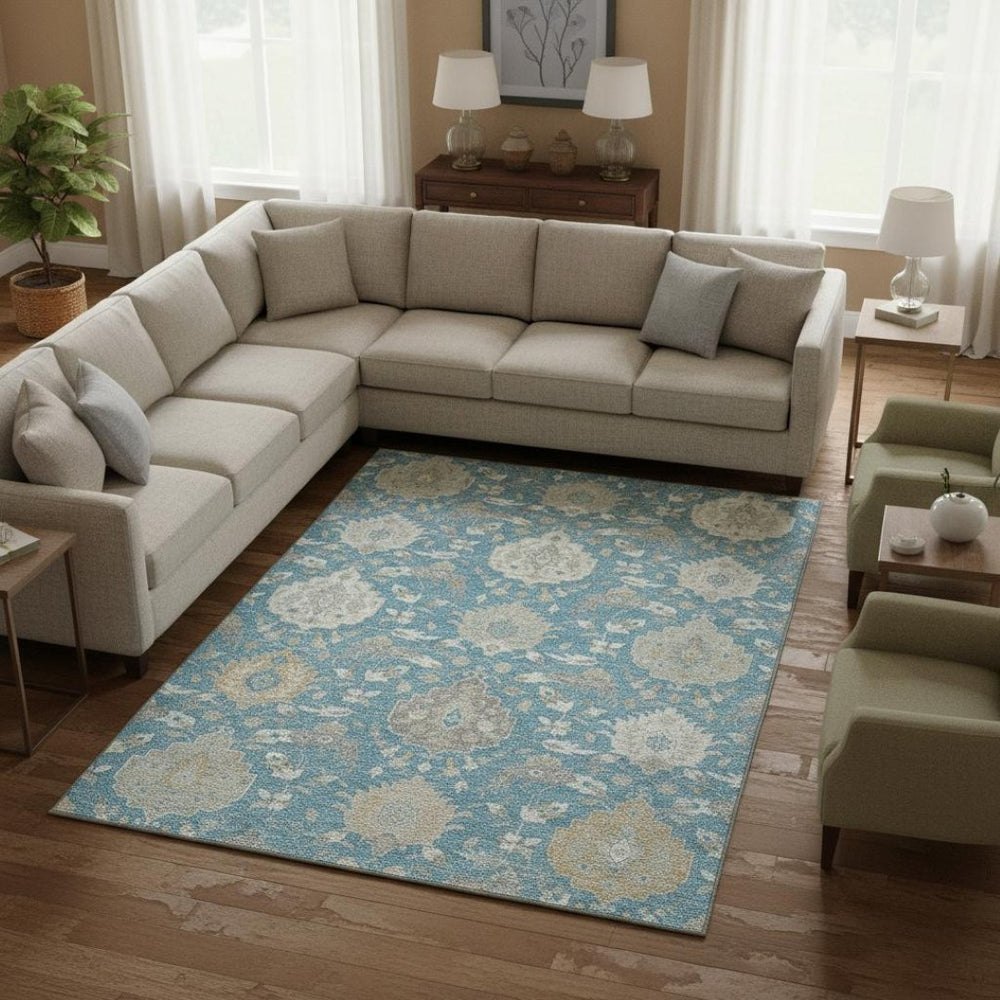 HomeRoots 10' Teal Gold Ivory Damask Area Rug - Washable, UV Protected, Stain-Resistant for High Traffic Areas 680583