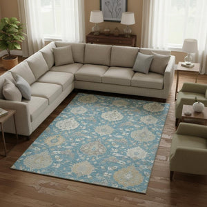 HomeRoots 10' Teal Gold Ivory Damask Area Rug - Washable, UV Protected, Stain-Resistant for High Traffic Areas 680583