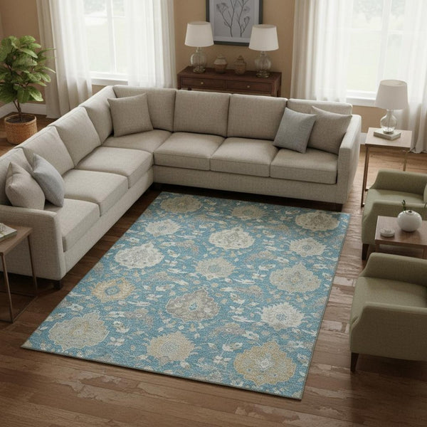 HomeRoots 10' Teal Gold Ivory Damask Area Rug - Washable, UV Protected, Stain-Resistant for High Traffic Areas 680583