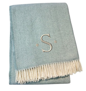 HomeRoots 55" Sky Blue Herringbone Cotton Blend Throw Blanket with Tassels and Elegant Initial Embroidery S 680584