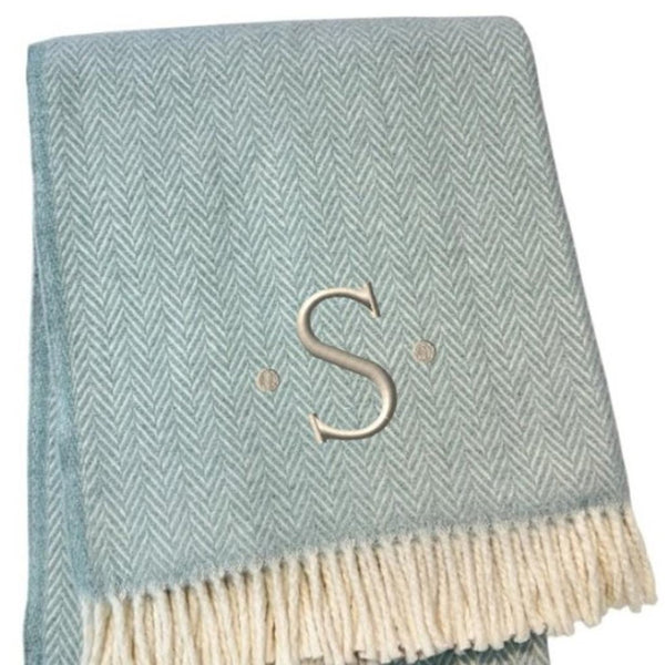 HomeRoots 55" Sky Blue Herringbone Cotton Blend Throw Blanket with Tassels and Elegant Initial Embroidery S 680584