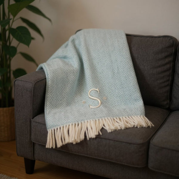 HomeRoots 55" Sky Blue Herringbone Cotton Blend Throw Blanket with Tassels and Elegant Initial Embroidery S 680584